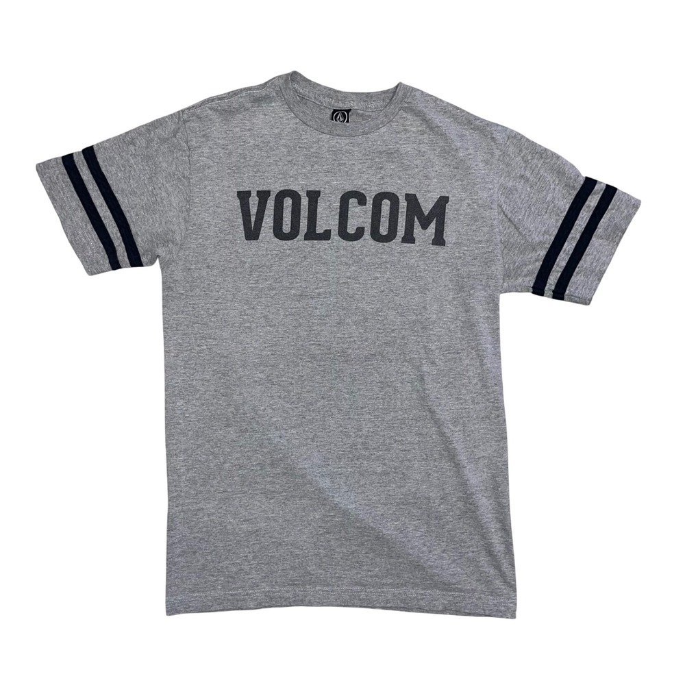 Volcom Mens T-Shirt Gray Short Sleeve Logo Graphic‎ Stripe Sleeve Skate Tee M